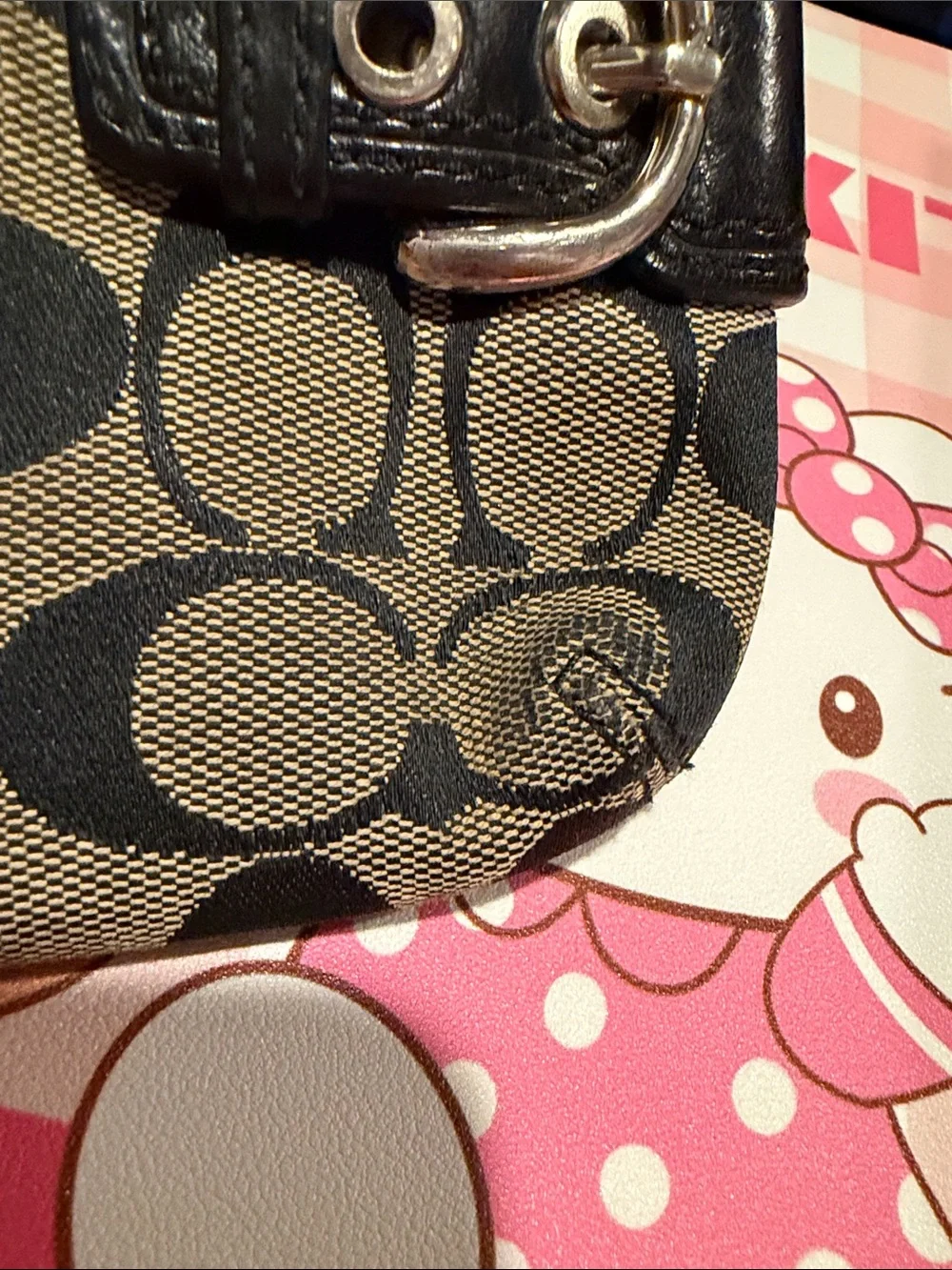 Coach Black & Tan Signature Canvas Wristlet with Buckle Accents